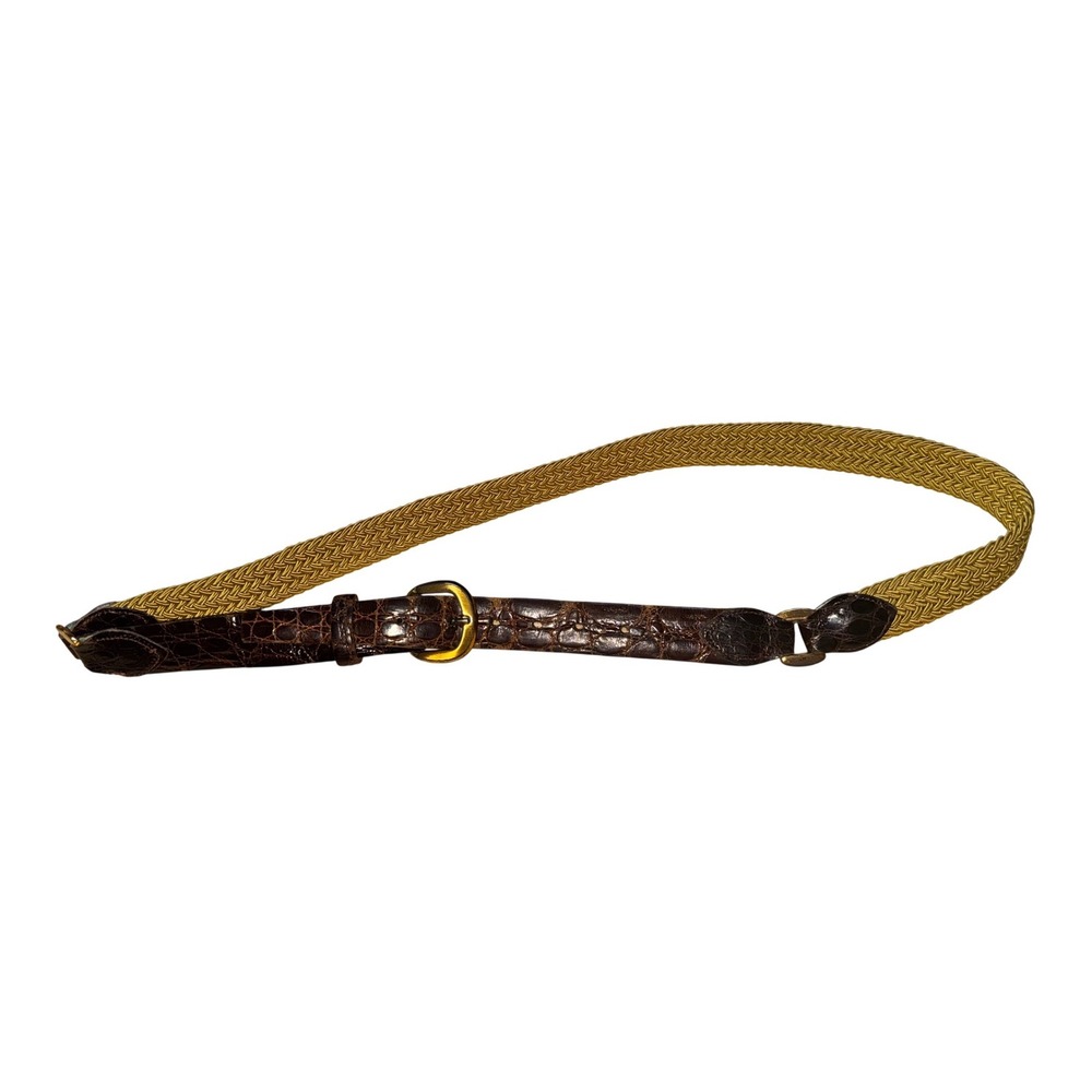 Vintage Brown Crocodile Leather and Gold Woven Elastic Skinny Belt Brass Buckle